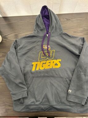 Russell Athletic Gray Hoodie with Purple Lined Hood and Yellow Accent